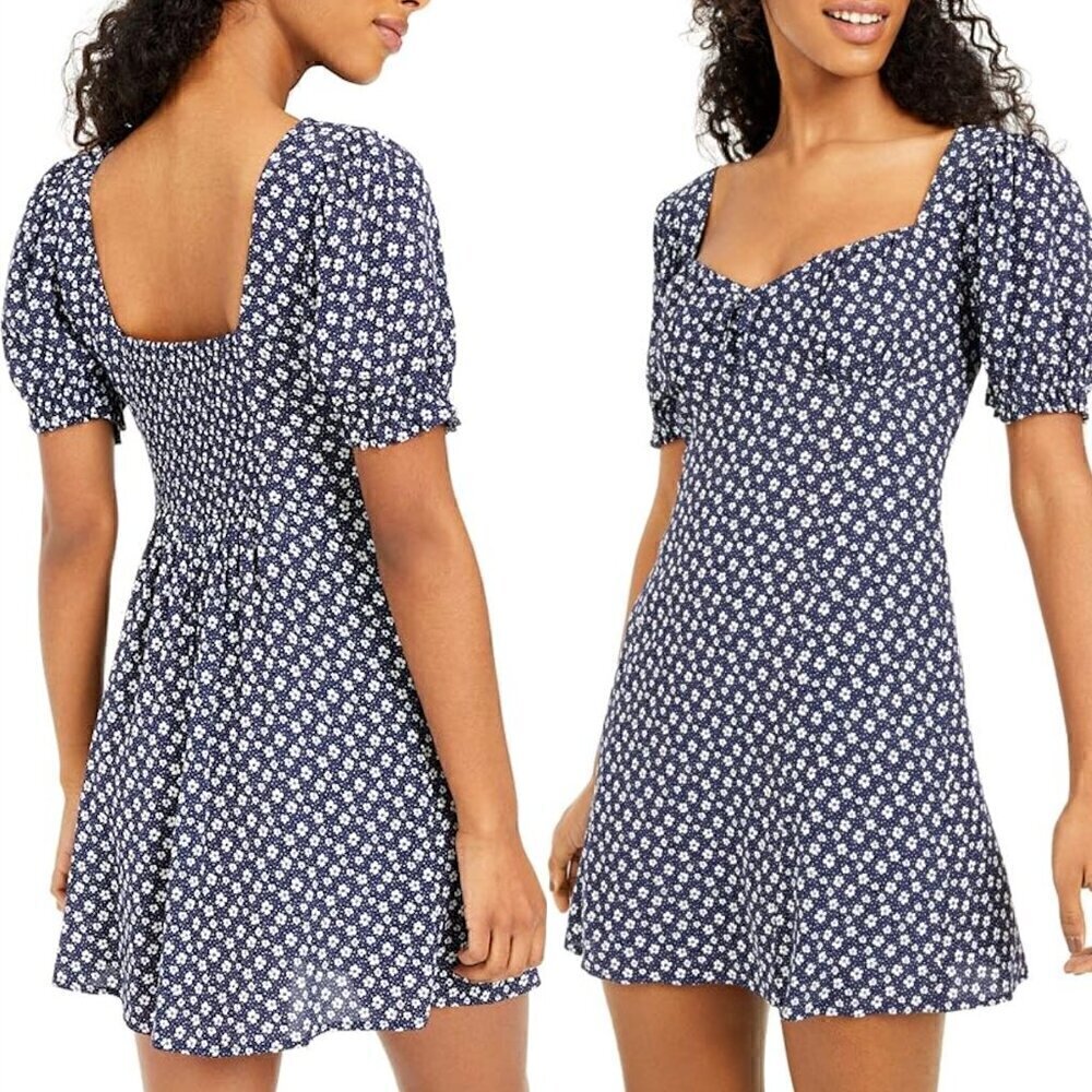 Sequin Hearts Women's Floral A-Line Dress Navy with Puff Short Sleeves XS